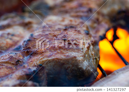 Delicious barbecue of grilled meat and vegetables and a family in the blurred background in spring outdoors. Delicious barbecue of grilled meat and vegetables and a family in the blurred background in spring outdoors. 141327297