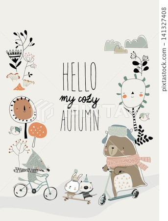 Cartoon Frame With Happy Animals Doing Sport In Autumn Forest Cartoon Frame With Happy Animals Doing Sport In Autumn Forest 141327408