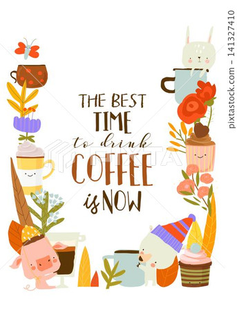 Cartoon Frame With Cute Animals Sitting With Cups of Coffee Cartoon Frame With Cute Animals Sitting With Cups of Coffee 141327410