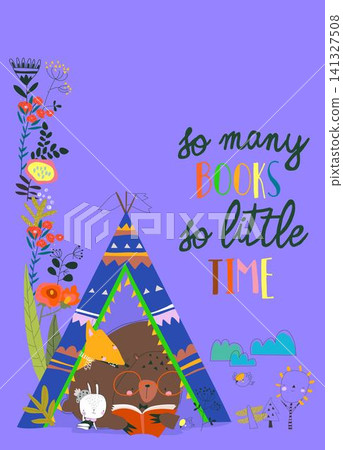 Cartoon Funny Animals Reading Book In a Teepee Tent Cartoon Funny Animals Reading Book In a Teepee Tent 141327508
