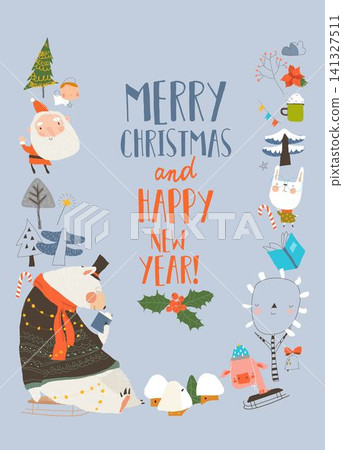 Cute Cartoon Frame With Bear, Santa Claus and Christmas Elements Cute Cartoon Frame With Bear, Santa Claus and Christmas Elements 141327511