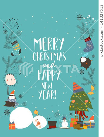 Cute Cartoon Frame With Snowman, Animals and Christmas Elements Cute Cartoon Frame With Snowman, Animals and Christmas Elements 141327512