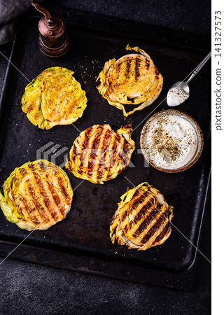 Grilled o cabbage steaks, vegan food Grilled o cabbage steaks, vegan food 141327573