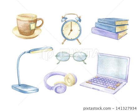 Laptop, lamp, books, alarm clock, headphones and cup tea watercolor isolated illustration set. Hand drawn clipart of study and workspace for digital planning, educational project and lifestyle designs Laptop, lamp, books, alarm clock, headphones and cup tea watercolor isolated illustration set. Hand drawn clipart of study and workspace for digital planning, educational project and lifestyle designs 141327934