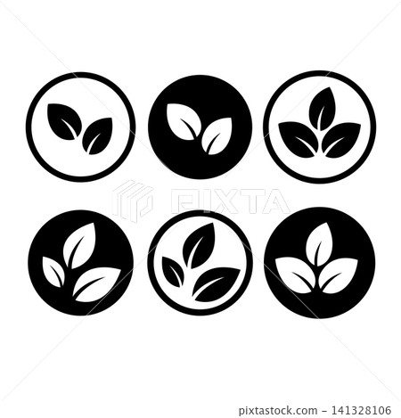 Six minimalist leaf icons in circular frames. Black and white contrast creates clean, modern aesthetic. Each icon features unique leaf arrangements, varying shapes and sizes Six minimalist leaf icons in circular frames. Black and white contrast creates clean, modern aesthetic. Each icon features unique leaf arrangements, varying shapes and sizes 141328106