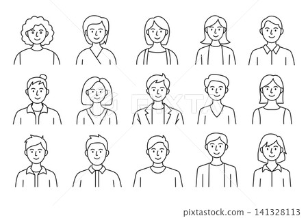 A set of minimalist black and white line art avatars of diverse men and women. A clean, symbolic collection for user profiles, teams, or community design. A set of minimalist black and white line art avatars of diverse men and women. A clean, symbolic collection for user profiles, teams, or community design. 141328113