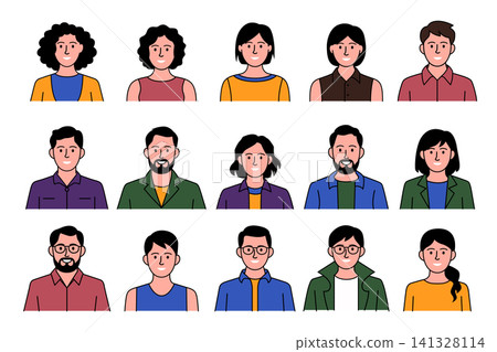 A flat vector set of colorful character avatars featuring diverse men and women. Clean corporate headshots ideal for user profiles and team pages. A flat vector set of colorful character avatars featuring diverse men and women. Clean corporate headshots ideal for user profiles and team pages. 141328114
