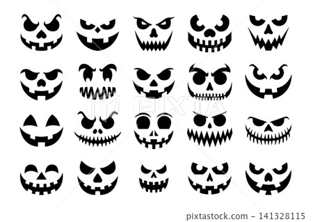 A collection of twenty different black spooky and funny Halloween pumpkin face silhouettes, isolated on a solid white background. Vector design elements A collection of twenty different black spooky and funny Halloween pumpkin face silhouettes, isolated on a solid white background. Vector design elements 141328115