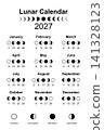 Moon calendar 2027 and Moon Phases. Lunar phases schedule and cycles, poster template design printable in black and white color, vector illustration isolated on white background 141328123