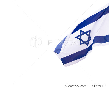 Israeli flag isolated on a white background. Closeup of Israel national flag with David star and blue stripes. A powerful symbol of jewish culture, tradition, judaism, unity, and national sovereignty. Israeli flag isolated on a white background. Closeup of Israel national flag with David star and blue stripes. A powerful symbol of jewish culture, tradition, judaism, unity, and national sovereignty. 141329063