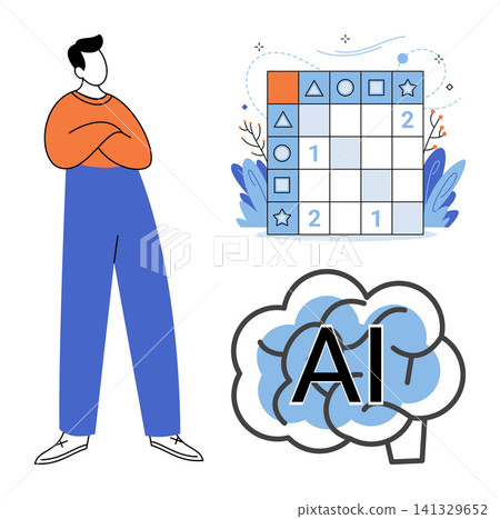 Man standing next to a logic grid puzzle and a brain icon vector illustration. Machine learning, cognitive development, problem solving, data analysis, intelligence, neural network. Person observing 141329652