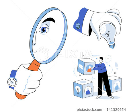 Hand holding magnifying glass light bulb, and person stacking cubes vector illustration. Strategy, innovation, research, teamwork development, management. Magnifier, bulb, blocks Hand holding magnifying glass light bulb, and person stacking cubes vector illustration. Strategy, innovation, research, teamwork development, management. Magnifier, bulb, blocks 141329654