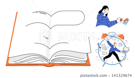 Open book and busy people vector illustration. Learning, productivity, time management, education, multitasking, deadline. Reading material and rushing character with clock and office items Open book and busy people vector illustration. Learning, productivity, time management, education, multitasking, deadline. Reading material and rushing character with clock and office items 141329674