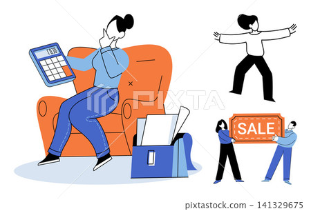 People managing personal finance and shopping sales vector illustration. Budgeting, consumerism, retail, accounting, lifestyle, commerce. Characters calculating expenses and holding sale signs 141329675