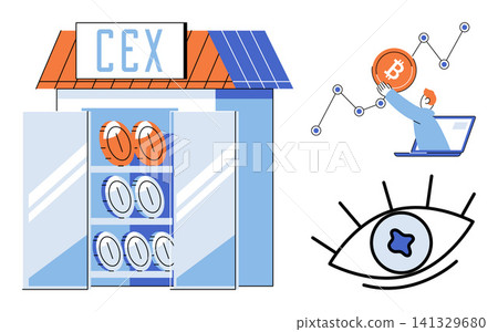 Centralized exchange store with coins, trader using laptop, and eye icon vector illustration. Finance, digital assets, crypto trading, market analysis, investment, blockchain technology. CEX platform 141329680