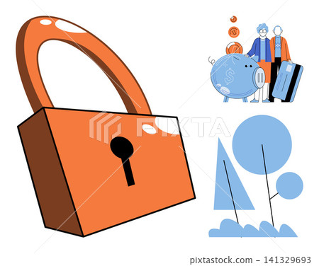 Orange padlock with piggy bank and elderly couple vector illustration. Personal finance, retirement planning, wealth management, banking security, investment protection, money savings. Locked safe Orange padlock with piggy bank and elderly couple vector illustration. Personal finance, retirement planning, wealth management, banking security, investment protection, money savings. Locked safe 141329693