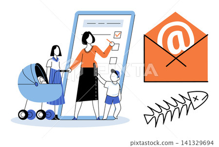 Mother with children using a smartphone checklist with email and fish skeleton vector illustration. Parenting, digital organization, family life, communication, household management, waste. Mom Mother with children using a smartphone checklist with email and fish skeleton vector illustration. Parenting, digital organization, family life, communication, household management, waste. Mom 141329694