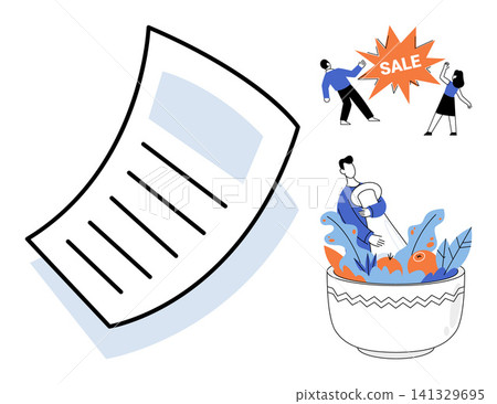 Business document and people shopping and gardening activities vector illustration. Retail, commerce nature, hobby, productivity, office work. Paper sheet customers, sale sign, person, bowl, plants Business document and people shopping and gardening activities vector illustration. Retail, commerce nature, hobby, productivity, office work. Paper sheet customers, sale sign, person, bowl, plants 141329695