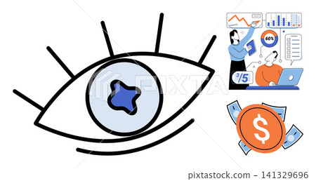 Eye icon and business people analyzing financial charts vector illustration. Data analysis, market research, corporate strategy, financial planning, investment growth, performance tracking. Vision Eye icon and business people analyzing financial charts vector illustration. Data analysis, market research, corporate strategy, financial planning, investment growth, performance tracking. Vision 141329696