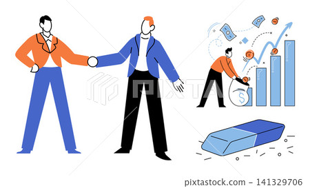 Business people shaking hands and man managing financial growth vector illustration. Corporate cooperation, investment strategy, profit increase, teamwork, professional success, economic development Business people shaking hands and man managing financial growth vector illustration. Corporate cooperation, investment strategy, profit increase, teamwork, professional success, economic development 141329706