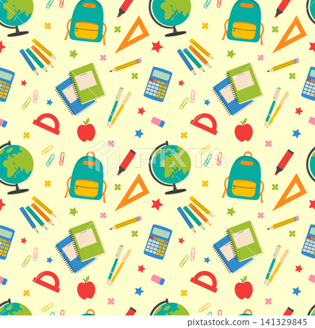 back to school seamless pattern with school supplies and stationery vector illustration. back to school seamless pattern with school supplies and stationery vector illustration. 141329845