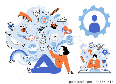 People brainstorming and creative thinking vector illustration. Innovation, productivity, imagination, strategy, workflow, development. Characters generating ideas and planning business projects 141330617