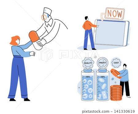 Medical consultation, digital marketing, and business management vector illustration. Pharmacy service, online shopping, financial planning, quality control, profit analysis, professional advice Medical consultation, digital marketing, and business management vector illustration. Pharmacy service, online shopping, financial planning, quality control, profit analysis, professional advice 141330619