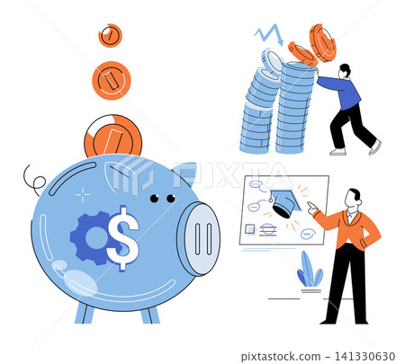 Piggy bank with coins and business people managing finances vector illustration. Savings, investment, education, budget, economy, wealth management. Money box and professionals working Piggy bank with coins and business people managing finances vector illustration. Savings, investment, education, budget, economy, wealth management. Money box and professionals working 141330630