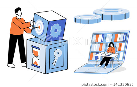 People working on business strategy and studying online vector illustration. Productivity, goal setting, digital learning, time management, professional development, remote education. Employees People working on business strategy and studying online vector illustration. Productivity, goal setting, digital learning, time management, professional development, remote education. Employees 141330655