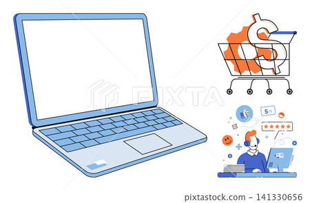 Laptop computer with shopping cart and customer support agent vector illustration. Online business, digital marketing, retail service, technical assistance, consumer feedback, web commerce. Notebook Laptop computer with shopping cart and customer support agent vector illustration. Online business, digital marketing, retail service, technical assistance, consumer feedback, web commerce. Notebook 141330656