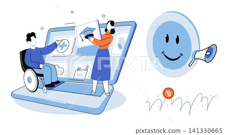 People using a laptop for online education and accessibility services vector illustration. Digital learning, inclusive technology, remote study, disability support, virtual classroom, e-learning People using a laptop for online education and accessibility services vector illustration. Digital learning, inclusive technology, remote study, disability support, virtual classroom, e-learning 141330665
