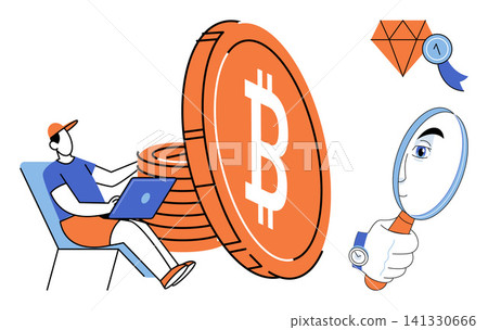 A person using a laptop near a large bitcoin coin with a magnifying glass searching for value as a vector illustration. Finance, digital currency, blockchain, market research, crypto trading A person using a laptop near a large bitcoin coin with a magnifying glass searching for value as a vector illustration. Finance, digital currency, blockchain, market research, crypto trading 141330666