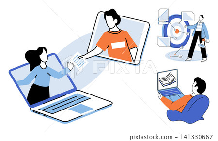 People interacting through digital devices and screens vector illustration. Remote work, online education, virtual communication, digital collaboration, distance learning, task management. Employees People interacting through digital devices and screens vector illustration. Remote work, online education, virtual communication, digital collaboration, distance learning, task management. Employees 141330667