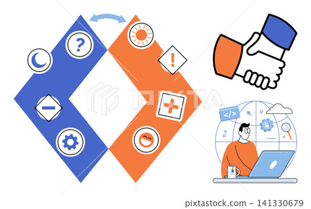 Abstract diamond workflow diagram with icons and professional handshake vector illustration. Teamwork, project management, software development, corporate strategy, digital communication, success Abstract diamond workflow diagram with icons and professional handshake vector illustration. Teamwork, project management, software development, corporate strategy, digital communication, success 141330679