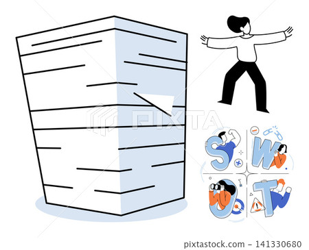 A large stack of documents and people interacting with SWOT letters vector illustration. Planning, management, corporate strategy, business analysis, teamwork, professional development. Paper pile 141330680