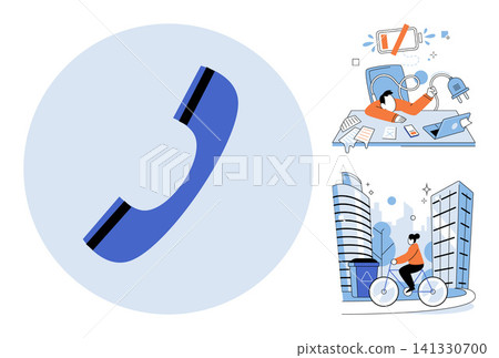 Telephone handset and daily activities vector illustration. Office burnout, urban commuting, corporate lifestyle, remote work, healthy habits, city transport. Handset icon and people scenes Telephone handset and daily activities vector illustration. Office burnout, urban commuting, corporate lifestyle, remote work, healthy habits, city transport. Handset icon and people scenes 141330700