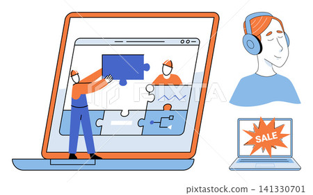 Laptop repair and customer support vector illustration. Technical assistance, digital maintenance, remote service, online shopping, problem solving, troubleshooting. Computer maintenance and help 141330701