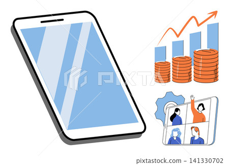 Smartphone and tablet with video conference and financial growth charts vector illustration. Remote work, business strategy, digital marketing, investment, team collaboration, online meeting. Mobile Smartphone and tablet with video conference and financial growth charts vector illustration. Remote work, business strategy, digital marketing, investment, team collaboration, online meeting. Mobile 141330702