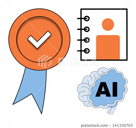 Certified badge, contact list, and AI brain vector illustration. Verification, identity management, machine learning, data security, digital intelligence, technology. Approved seal, address book Certified badge, contact list, and AI brain vector illustration. Verification, identity management, machine learning, data security, digital intelligence, technology. Approved seal, address book 141330703