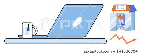 Laptop with tea cup and cryptocurrency exchange icon vector illustration. Trading, finance, digital investment, online market, remote work, crypto assets. Computer with beverage and cex symbol Laptop with tea cup and cryptocurrency exchange icon vector illustration. Trading, finance, digital investment, online market, remote work, crypto assets. Computer with beverage and cex symbol 141330704