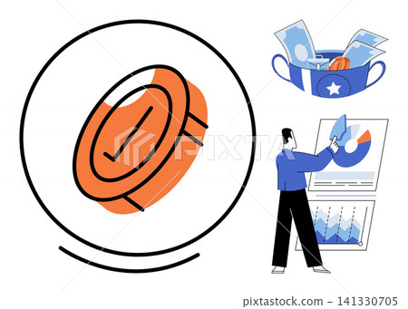 Business growth and financial analysis vector illustration. Investment, banking, economy, strategy, marketing, profit. Professional managing data charts and currency assets in a modern style Business growth and financial analysis vector illustration. Investment, banking, economy, strategy, marketing, profit. Professional managing data charts and currency assets in a modern style 141330705