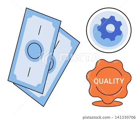 Money banknotes, gear settings and quality seal icons vector illustration. Finance, production, management commerce, reliability, standards. Cash currency, cogwheel stamp symbol Money banknotes, gear settings and quality seal icons vector illustration. Finance, production, management commerce, reliability, standards. Cash currency, cogwheel stamp symbol 141330706