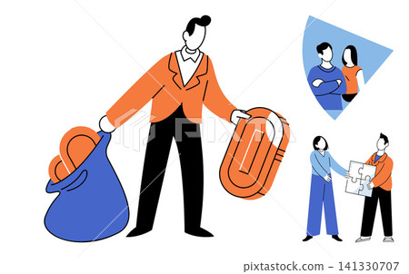 Businessman holding a money bag and gold coin vector illustration. Financial growth, investment strategy, wealth management, teamwork, partnership, success. Entrepreneur managing capital assets Businessman holding a money bag and gold coin vector illustration. Financial growth, investment strategy, wealth management, teamwork, partnership, success. Entrepreneur managing capital assets 141330707