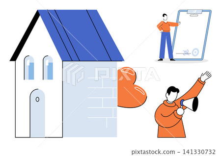 House with heart and people with megaphone and clipboard vector illustration. Property investment, home insurance, public announcement, real estate, mortgage, social communication. Residential House with heart and people with megaphone and clipboard vector illustration. Property investment, home insurance, public announcement, real estate, mortgage, social communication. Residential 141330732