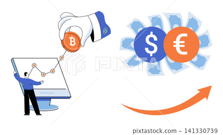 Investor analyzing bitcoin market trends and currency exchange rates vector illustration. Financial growth, digital assets, stock market, global economy, trading strategy, money management. Person Investor analyzing bitcoin market trends and currency exchange rates vector illustration. Financial growth, digital assets, stock market, global economy, trading strategy, money management. Person 141330739