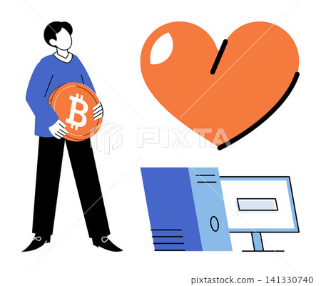 Person holding a bitcoin coin next to a heart and computer vector illustration. Cryptocurrency, digital finance, blockchain technology, online investment, virtual wallet, love for crypto. Man Person holding a bitcoin coin next to a heart and computer vector illustration. Cryptocurrency, digital finance, blockchain technology, online investment, virtual wallet, love for crypto. Man 141330740