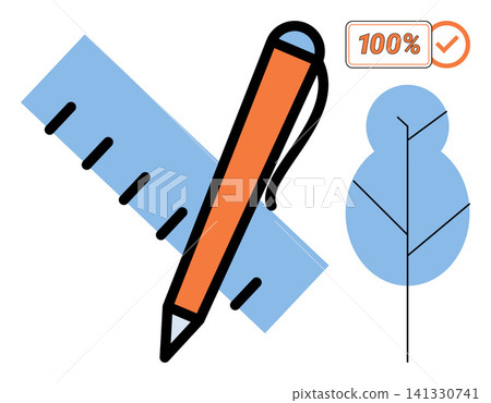 Ruler pen and tree icon vector illustration. Planning, construction, landscaping, drafting, engineering, development. Measuring tool writing instrument and plant symbol for project design Ruler pen and tree icon vector illustration. Planning, construction, landscaping, drafting, engineering, development. Measuring tool writing instrument and plant symbol for project design 141330741