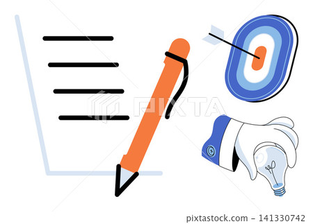 Pen writing on paper with target and lightbulb icons vector illustration. Strategy, goal setting, innovation, project management, creative thinking, problem solving. Writing instrument and bulb 141330742