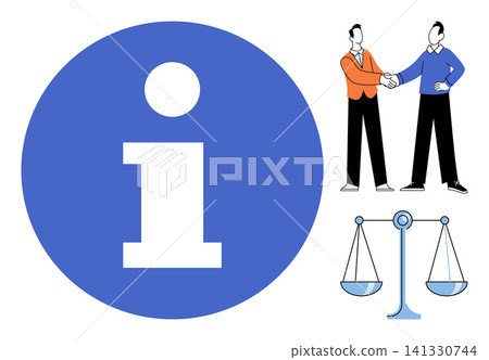 Information icon with business handshake and scales of justice vector illustration. Legal compliance, corporate ethics, professional agreement, fair trade, partnership, mediation. Info sign Information icon with business handshake and scales of justice vector illustration. Legal compliance, corporate ethics, professional agreement, fair trade, partnership, mediation. Info sign 141330744