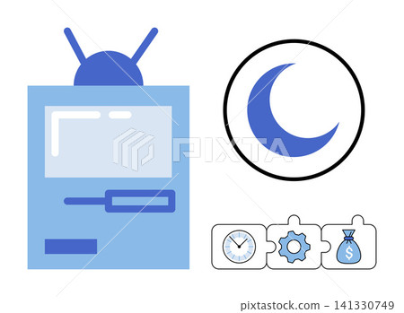 Television screen with moon icon and puzzle pieces containing clock gear and money bag vector illustration. Productivity, night shift, business management, time tracking, financial growth, workflow Television screen with moon icon and puzzle pieces containing clock gear and money bag vector illustration. Productivity, night shift, business management, time tracking, financial growth, workflow 141330749